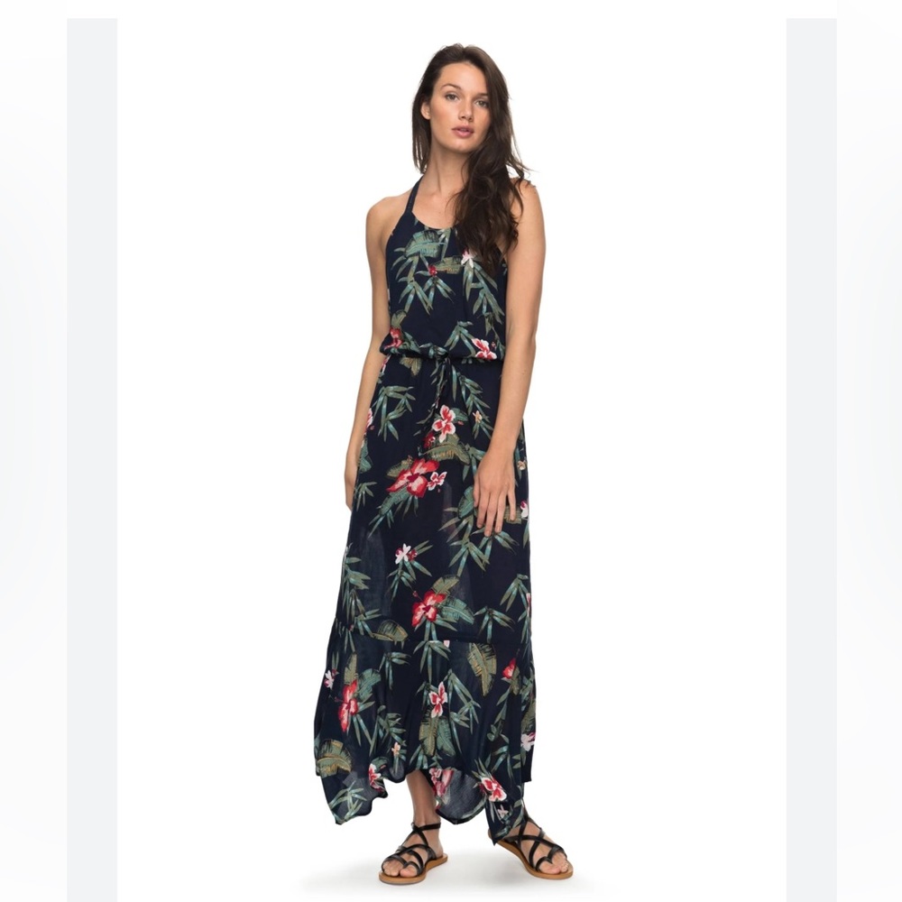 Roxy blue isle groove the physical dress maxi tropical floral print navy t strap